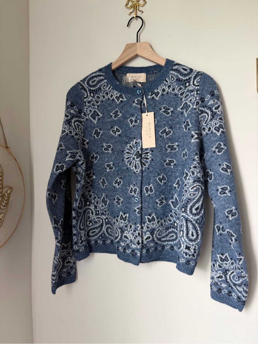 Blue white Paisley Knit Button Front Cardigan